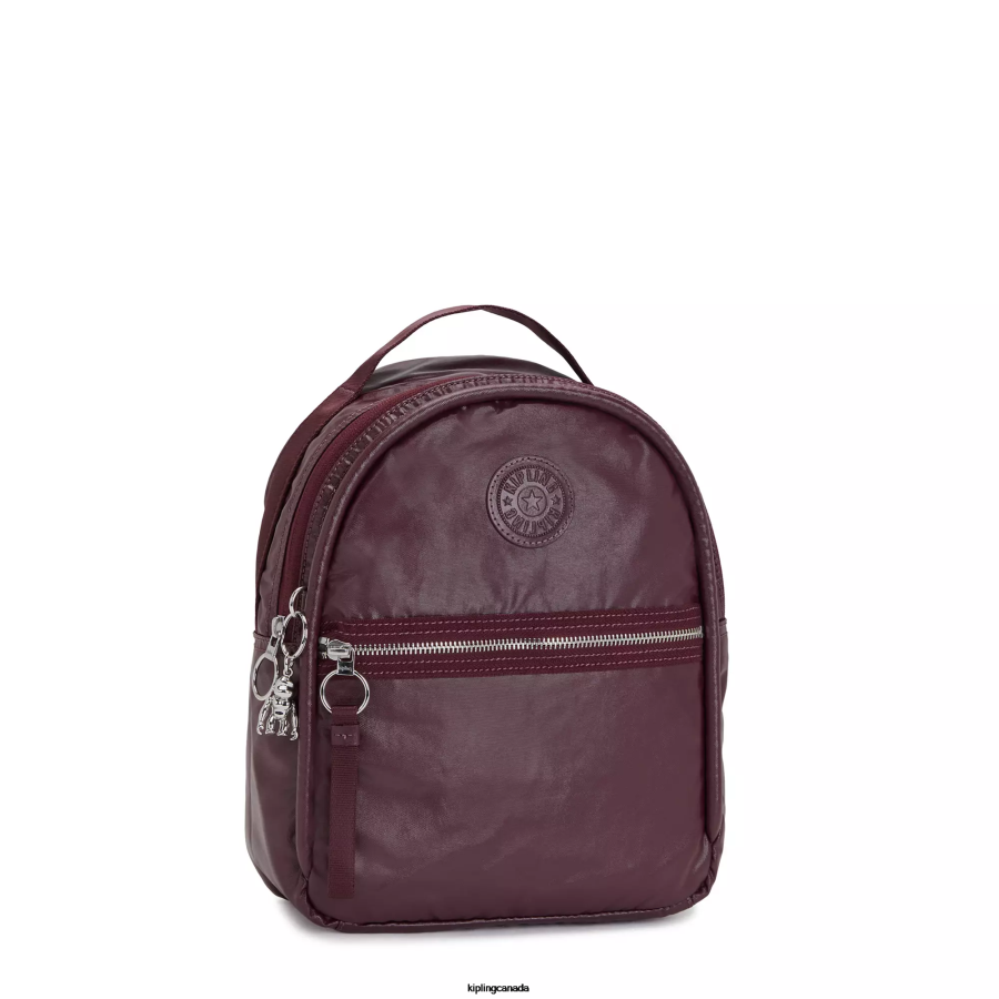Women Small Backpacks Kipling Burgundy Lacquer Metallic Kae Metallic Backpack FHZD386