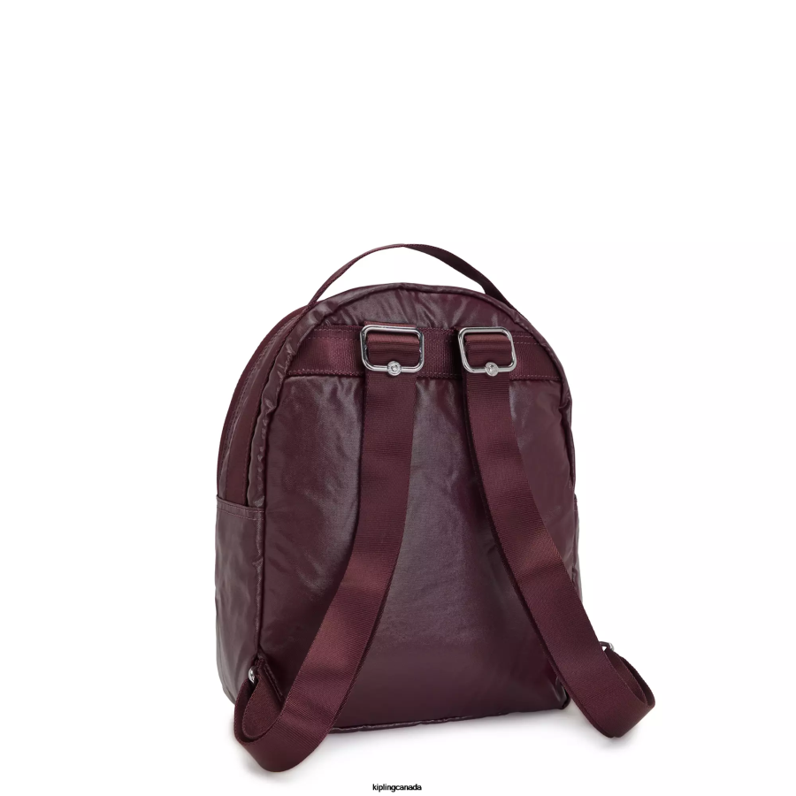 Women Small Backpacks Kipling Burgundy Lacquer Metallic Kae Metallic Backpack FHZD386